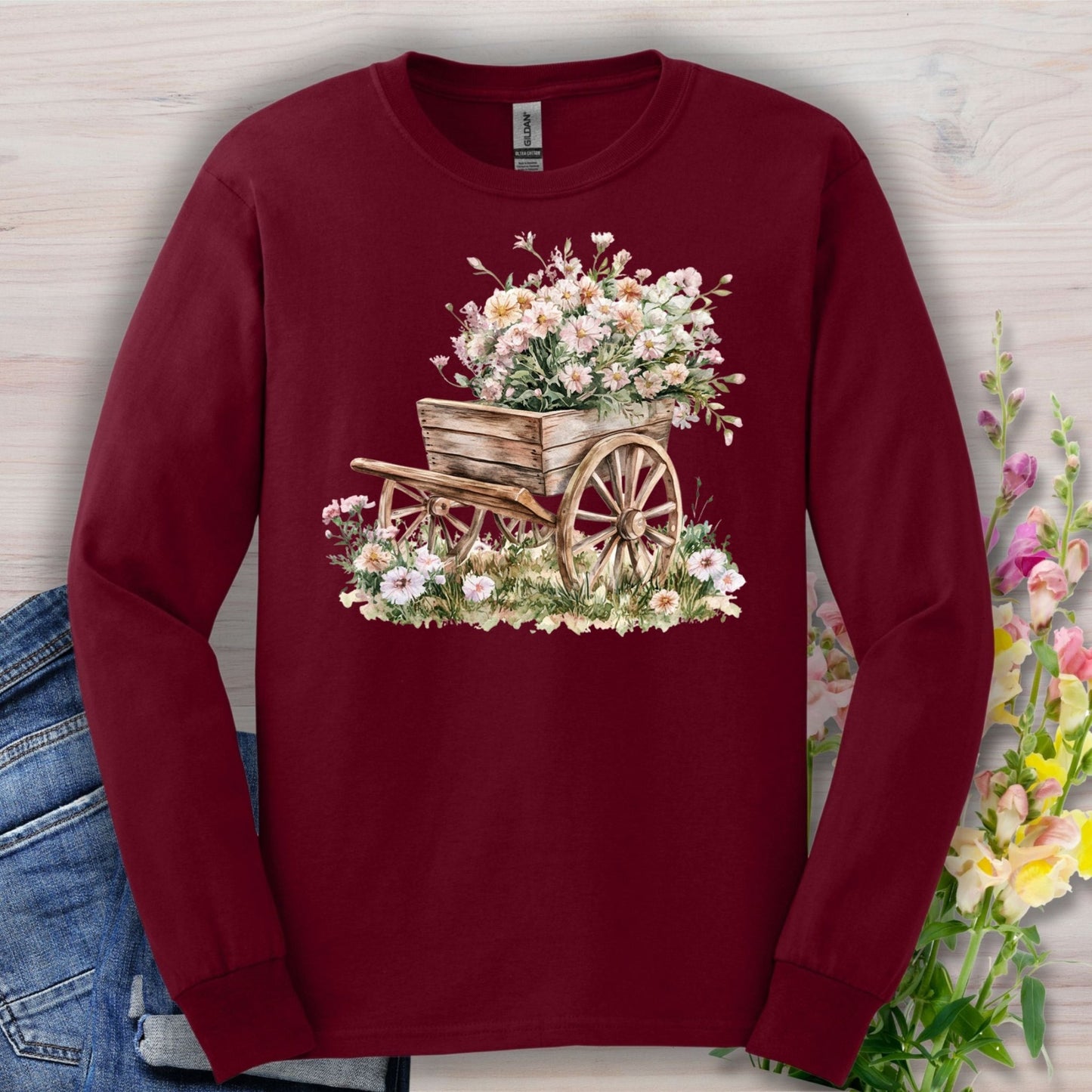 Rustic Cottage Garden Wagon Long Sleeve Tee