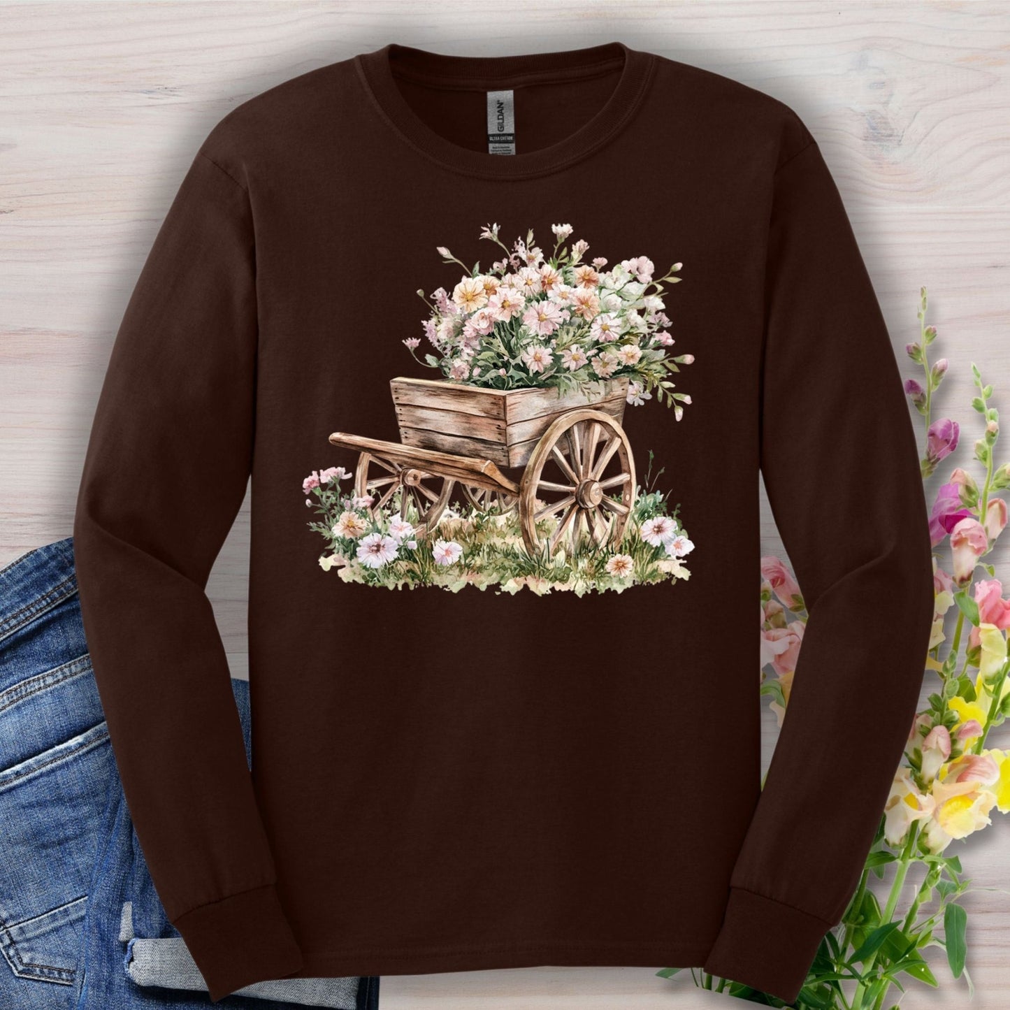 Rustic Cottage Garden Wagon Long Sleeve Tee
