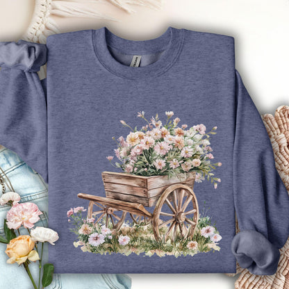 Heather Sport Dark Navy sweatshirt with a watercolor rustic wagon overflowing with pink and white carnations.