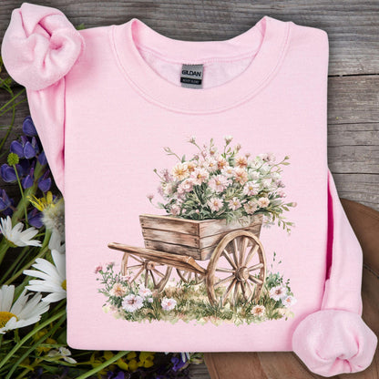 Light pink Gildan sweatshirt with a watercolor rustic wagon overflowing with pink carnations.