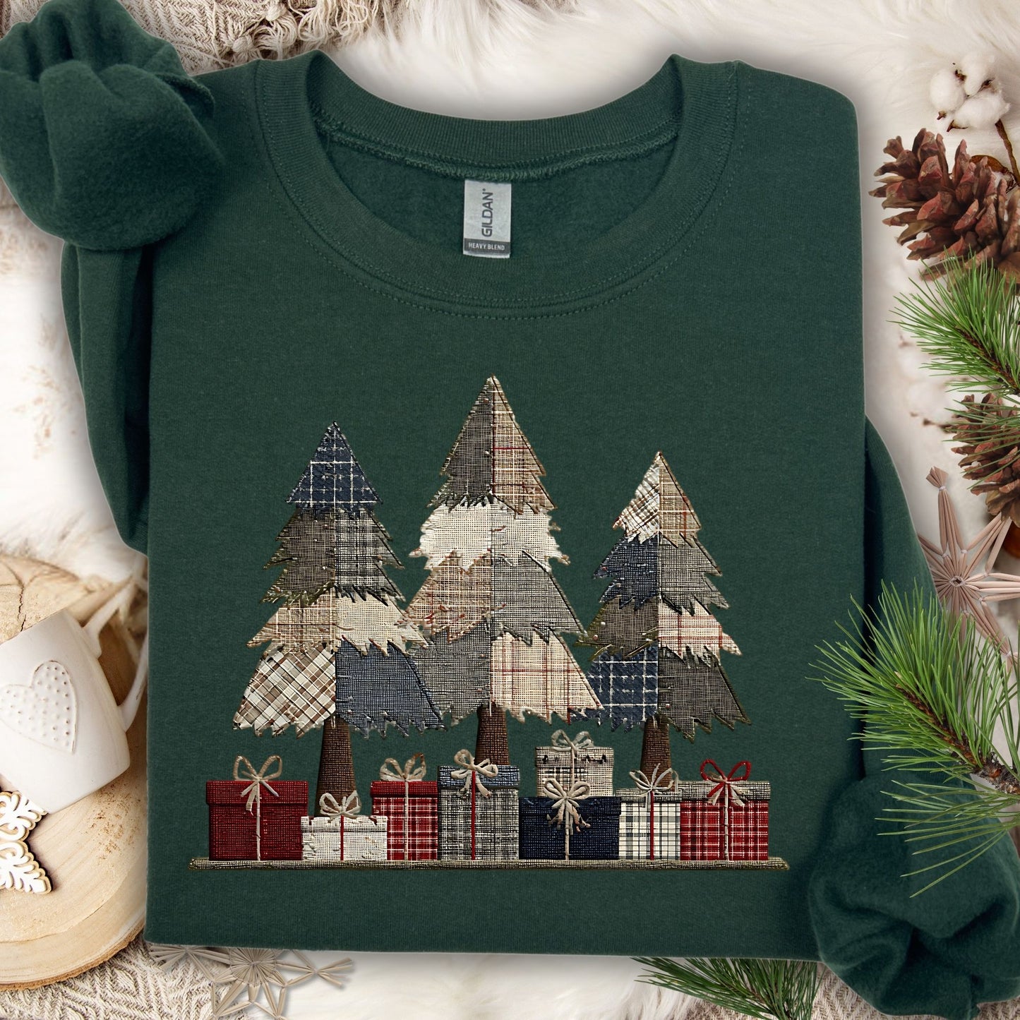 Rustic Faux Patchwork Christmas Tree Sweatshirt