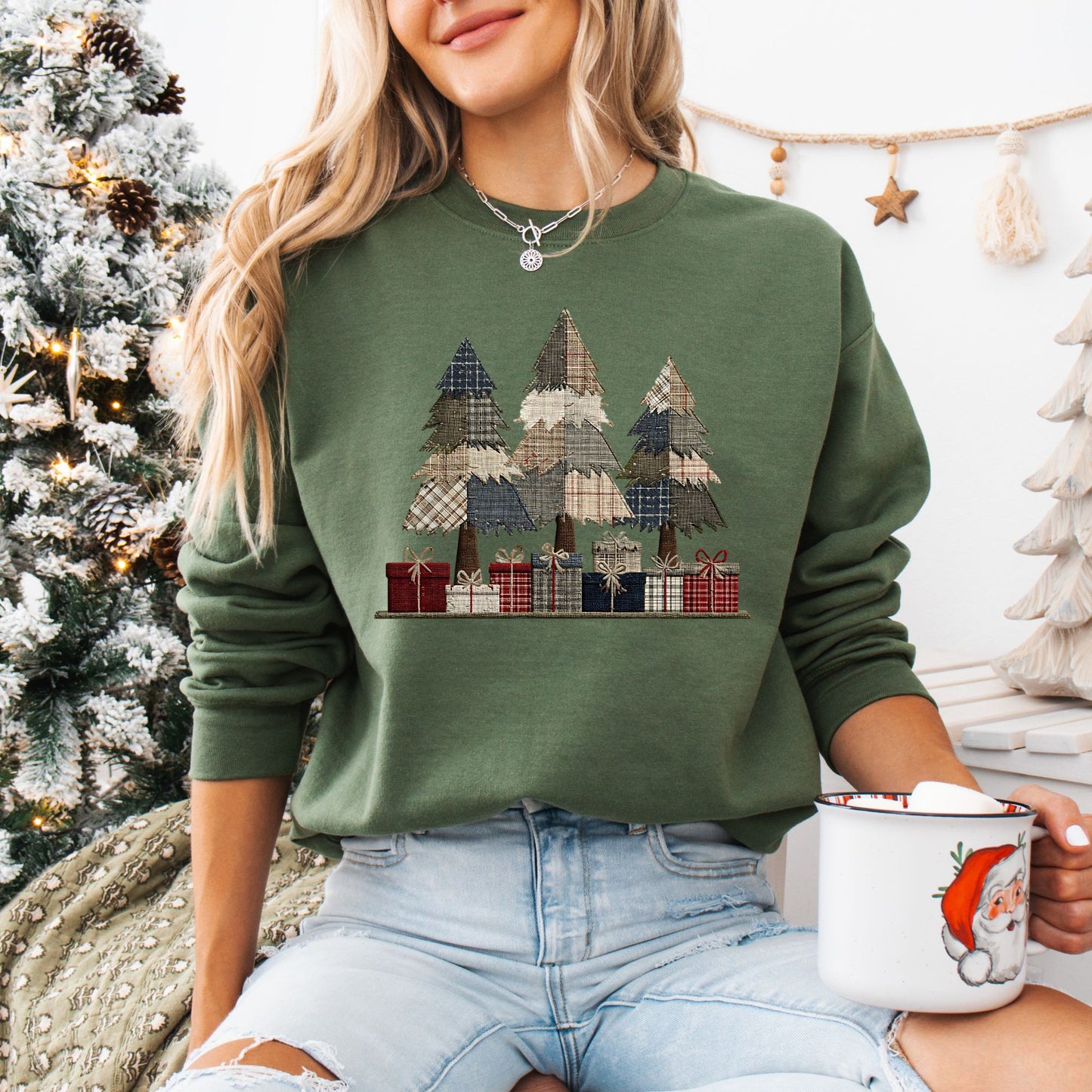 Rustic Faux Patchwork Christmas Tree Sweatshirt