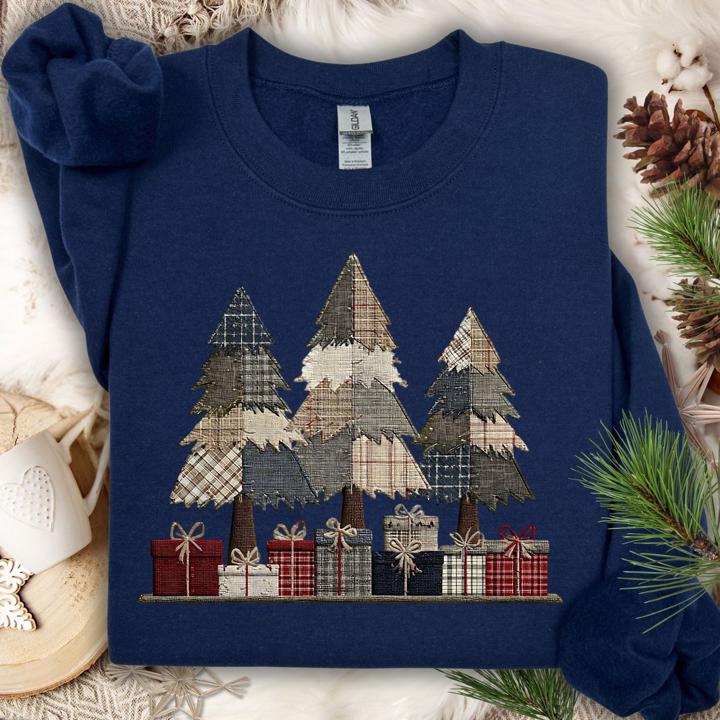 Rustic Christmas Tree Faux Patchwork Long Sleeve Tee