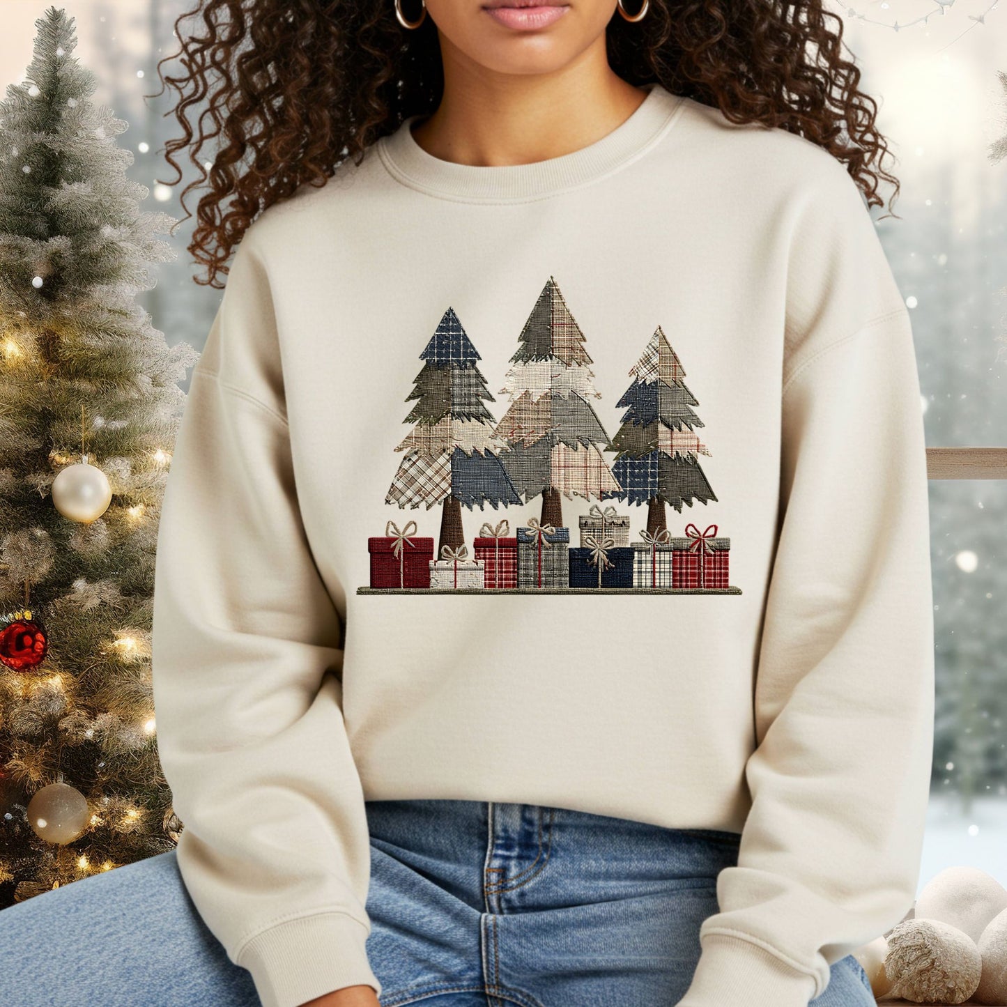 Rustic Faux Patchwork Christmas Tree Sweatshirt