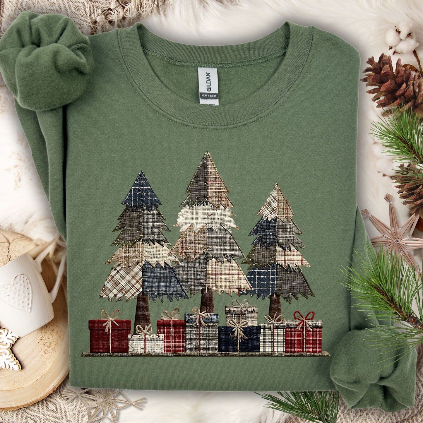 Rustic Faux Patchwork Christmas Tree Sweatshirt