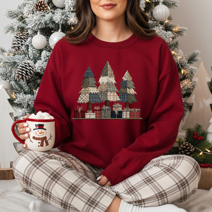 Rustic Faux Patchwork Christmas Tree Sweatshirt