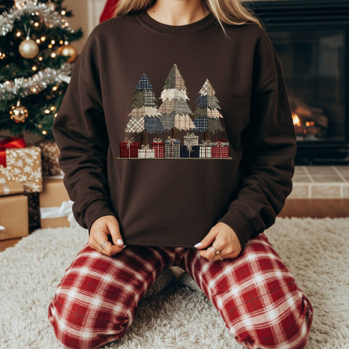 Rustic Faux Patchwork Christmas Tree Sweatshirt
