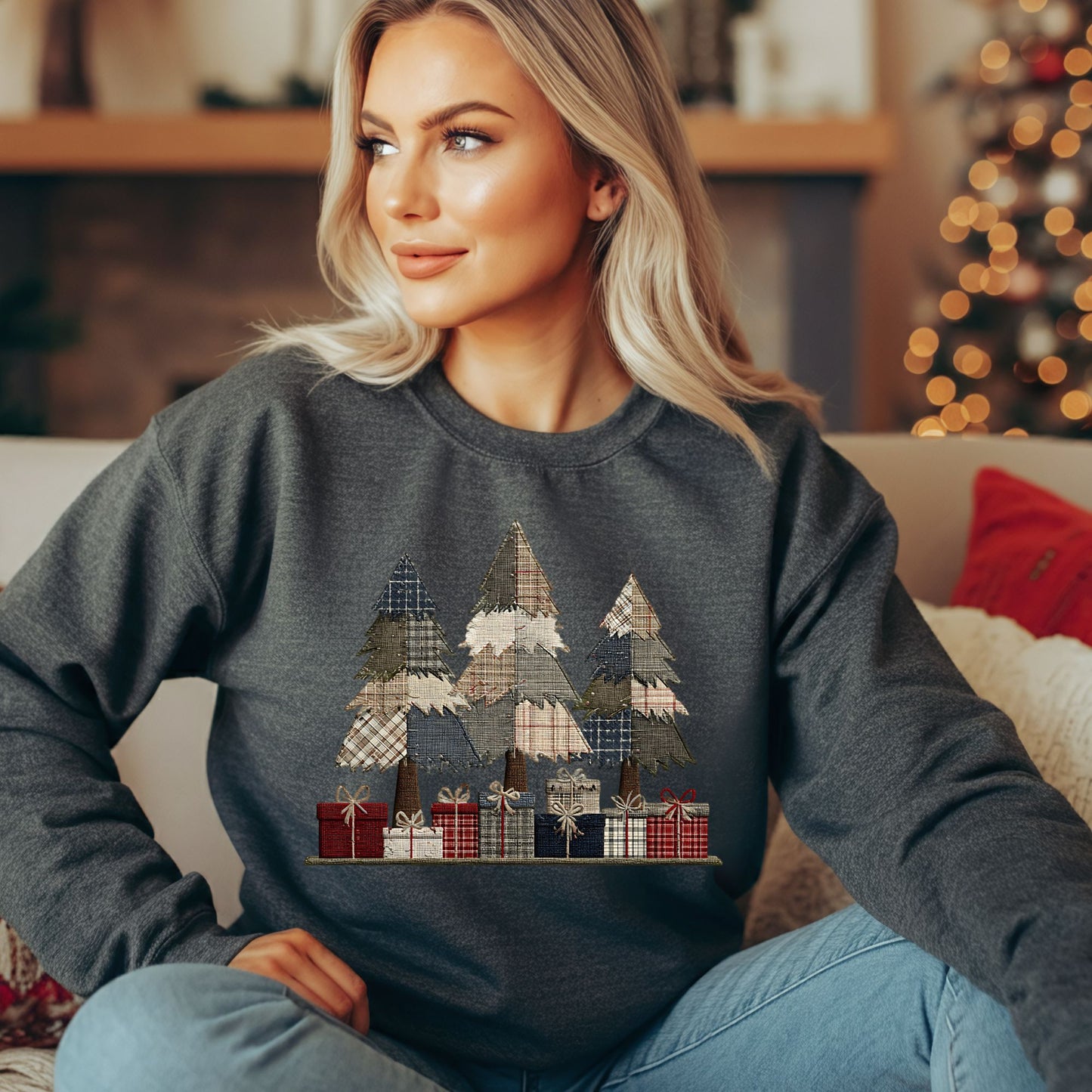 Rustic Faux Patchwork Christmas Tree Sweatshirt