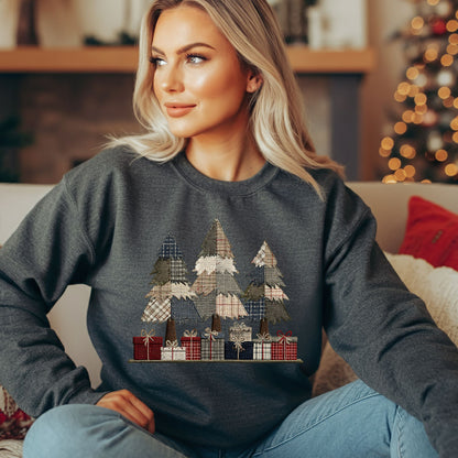 Rustic Faux Patchwork Christmas Tree Sweatshirt