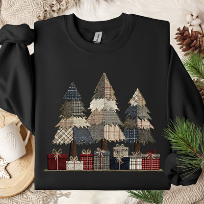 Black Gildan sweatshirt with faux patchwork rustic Christmas trees and gifts.