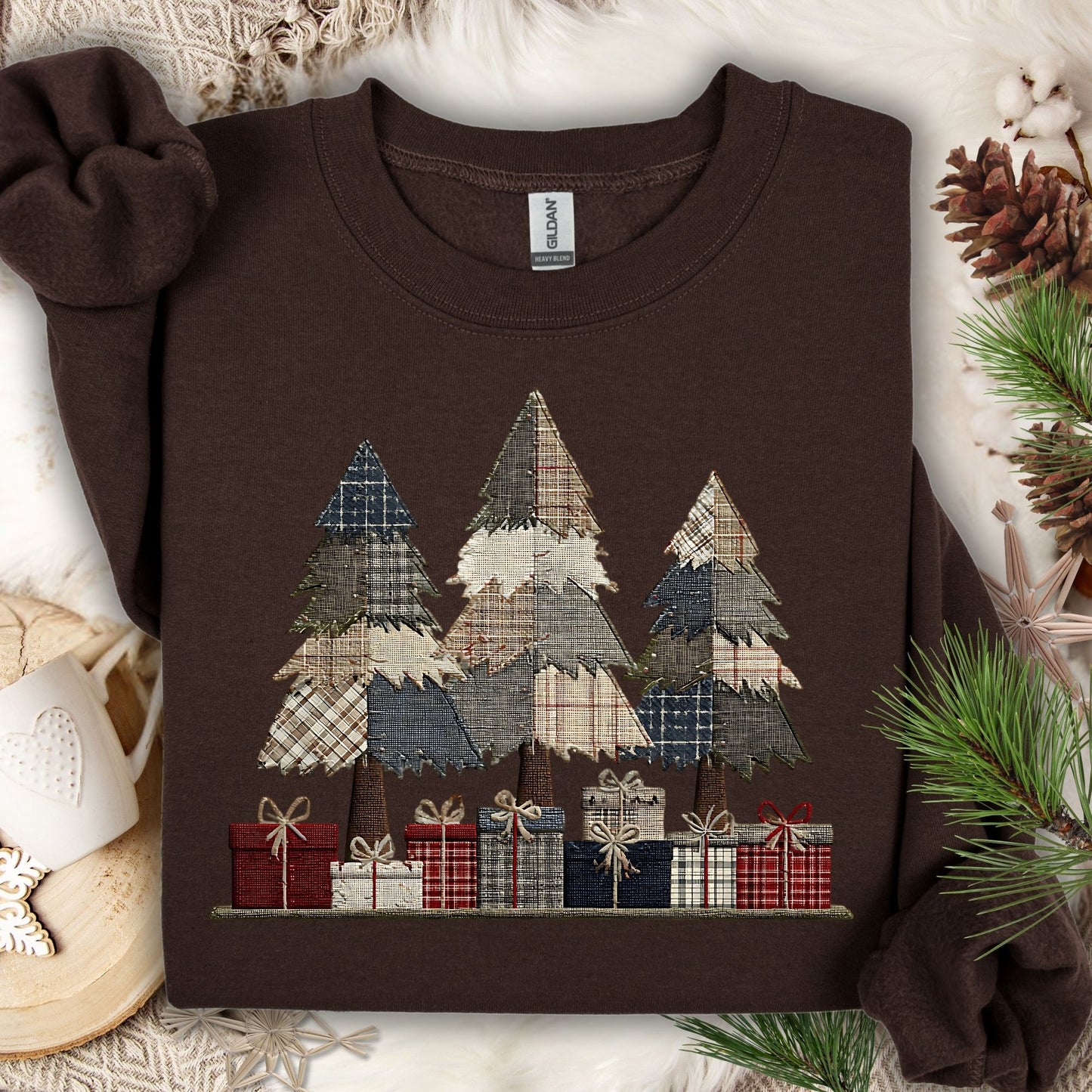 Dark Chocolate Gildan sweatshirt with faux patchwork rustic Christmas trees and gifts.