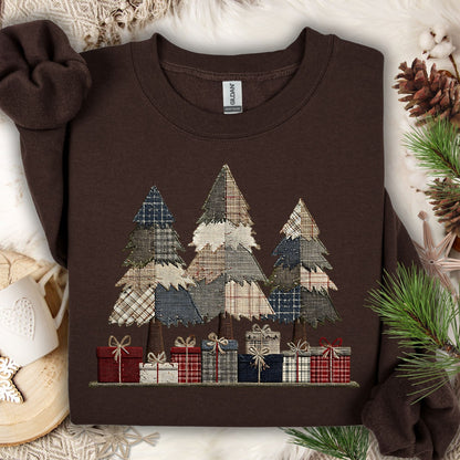 Dark Chocolate Gildan sweatshirt with faux patchwork rustic Christmas trees and gifts.