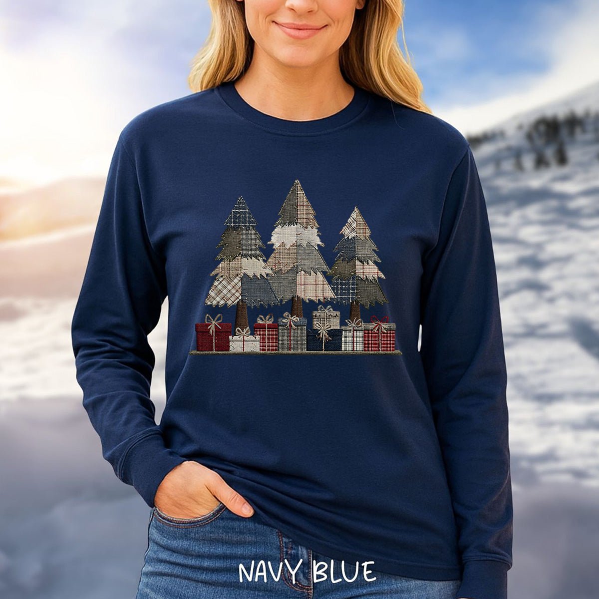 Rustic Faux Patchwork Christmas Trees Long Sleeve Tee