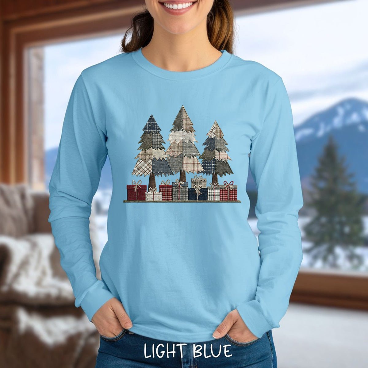 Rustic Faux Patchwork Christmas Trees Long Sleeve Tee