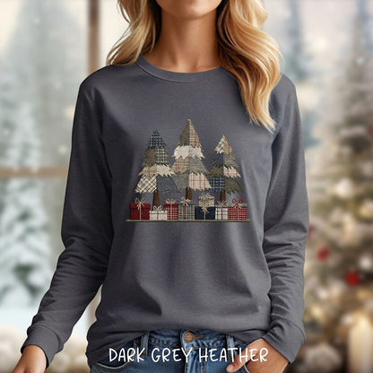 Rustic Faux Patchwork Christmas Trees Long Sleeve Tee