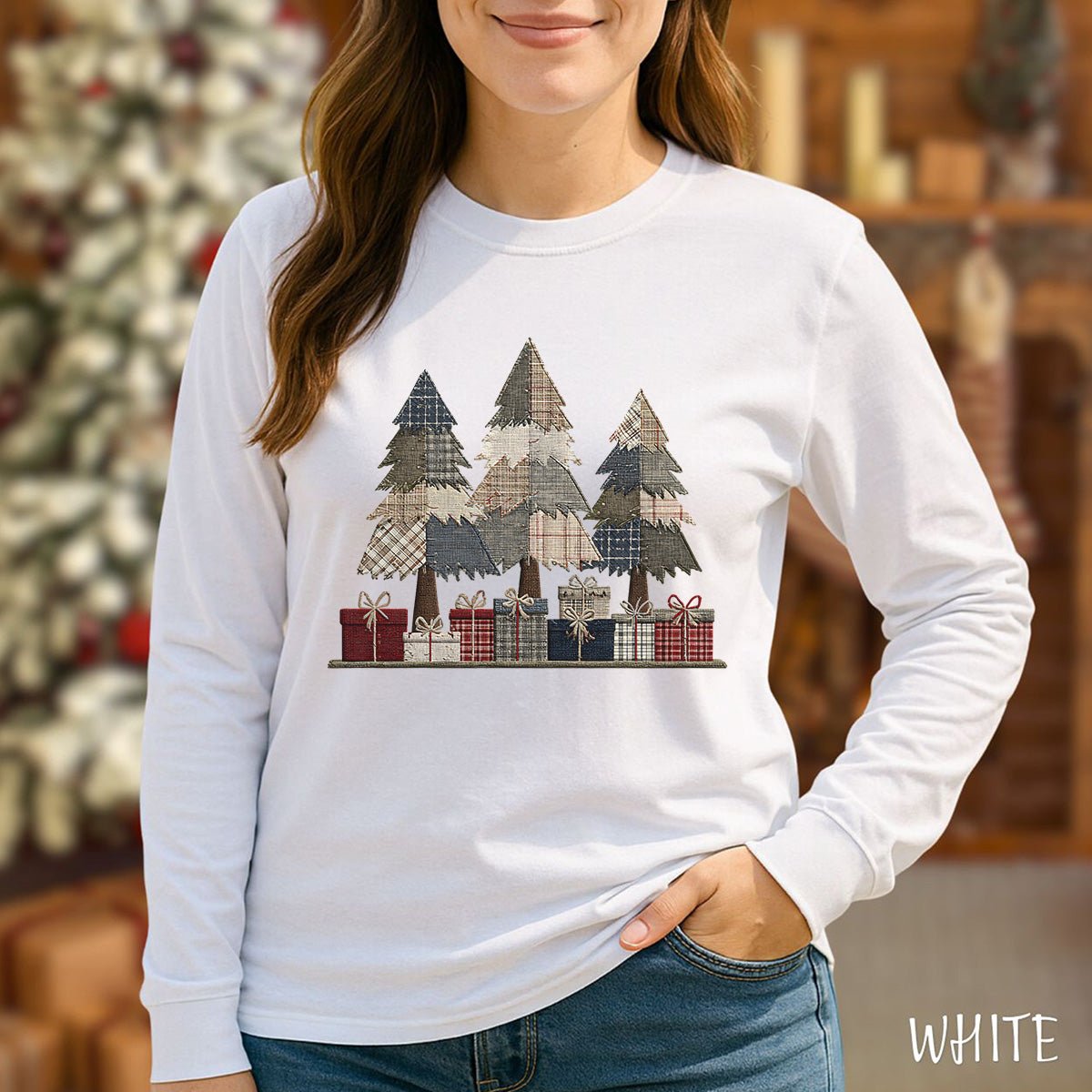 Rustic Faux Patchwork Christmas Trees Long Sleeve Tee