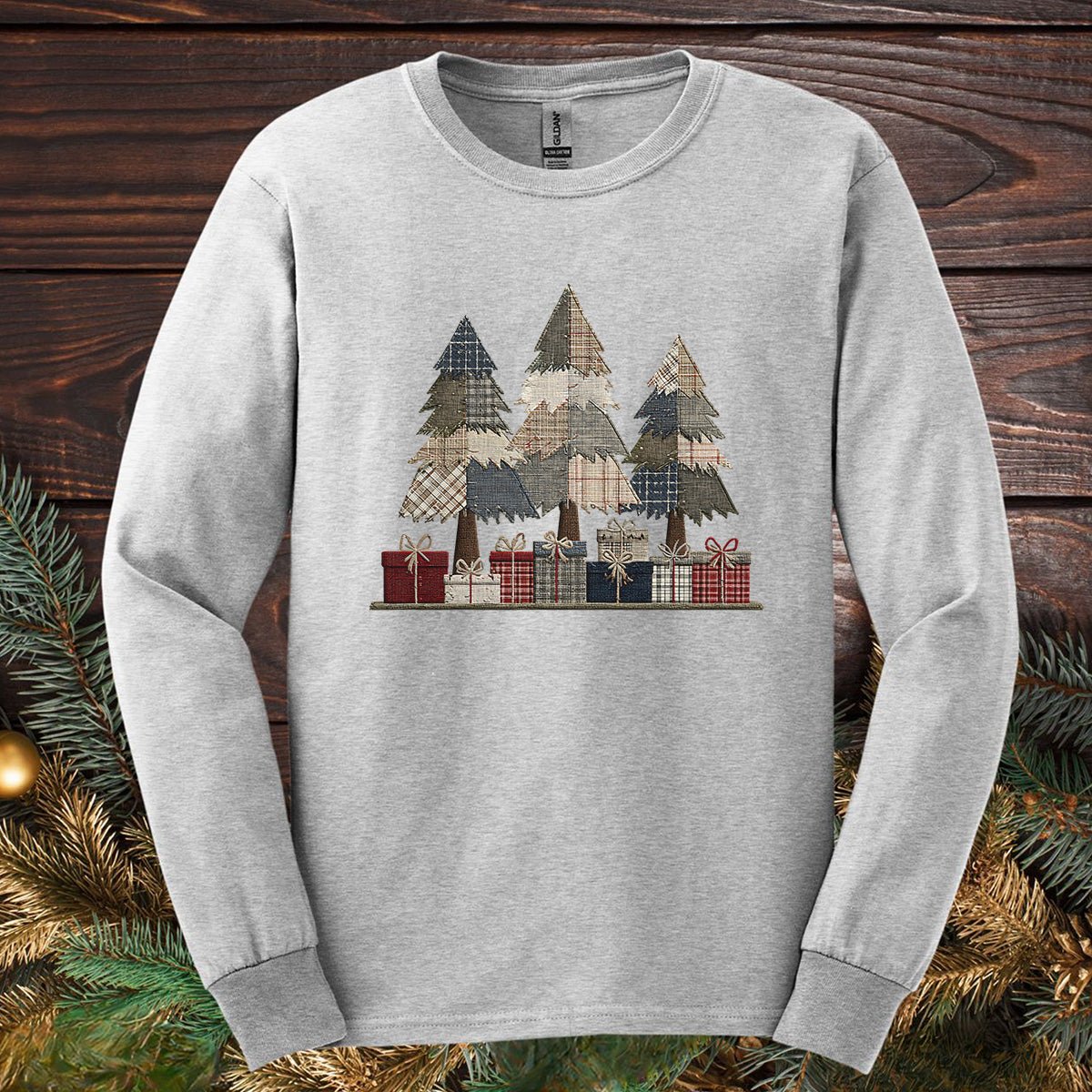 Rustic Faux Patchwork Christmas Trees Long Sleeve Tee