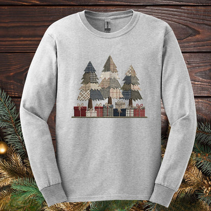 Rustic Faux Patchwork Christmas Trees Long Sleeve Tee