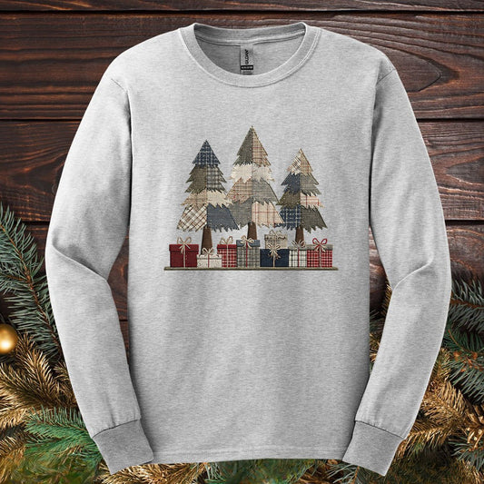 Rustic Faux Patchwork Christmas Trees Long Sleeve Tee