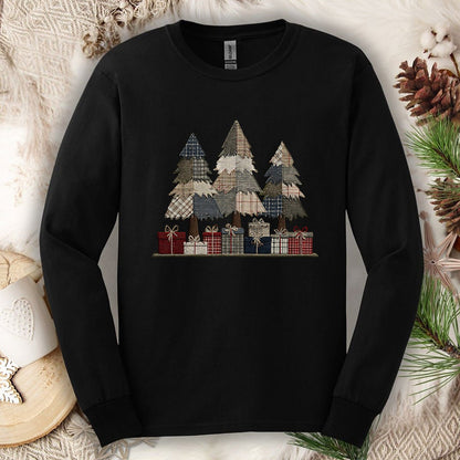 Rustic Faux Patchwork Christmas Trees Long Sleeve Tee