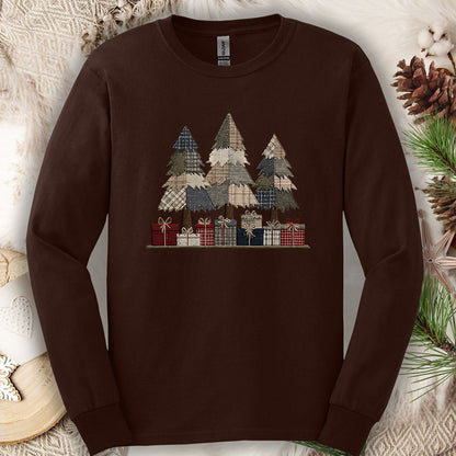 Rustic Faux Patchwork Christmas Trees Long Sleeve Tee