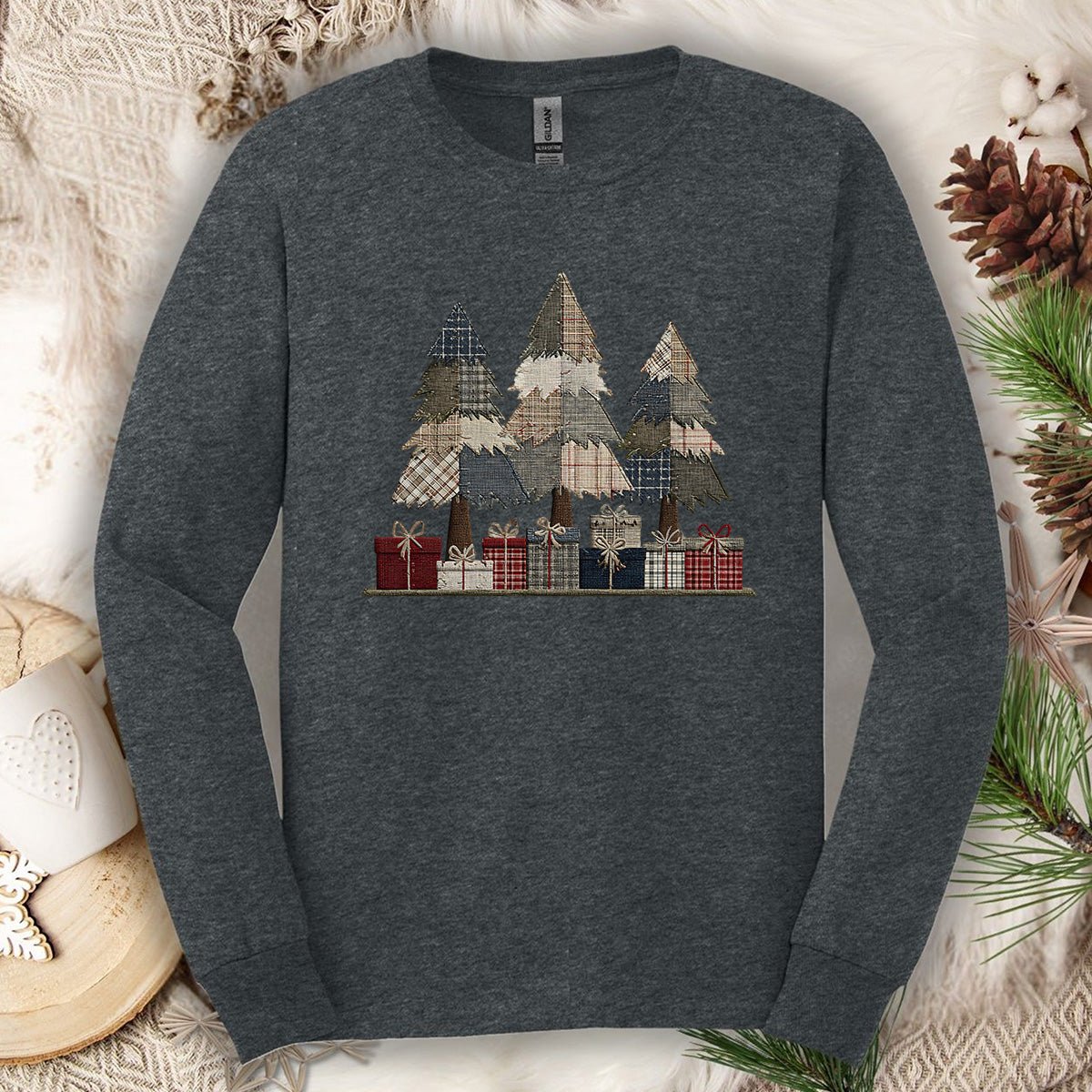 Rustic Faux Patchwork Christmas Trees Long Sleeve Tee