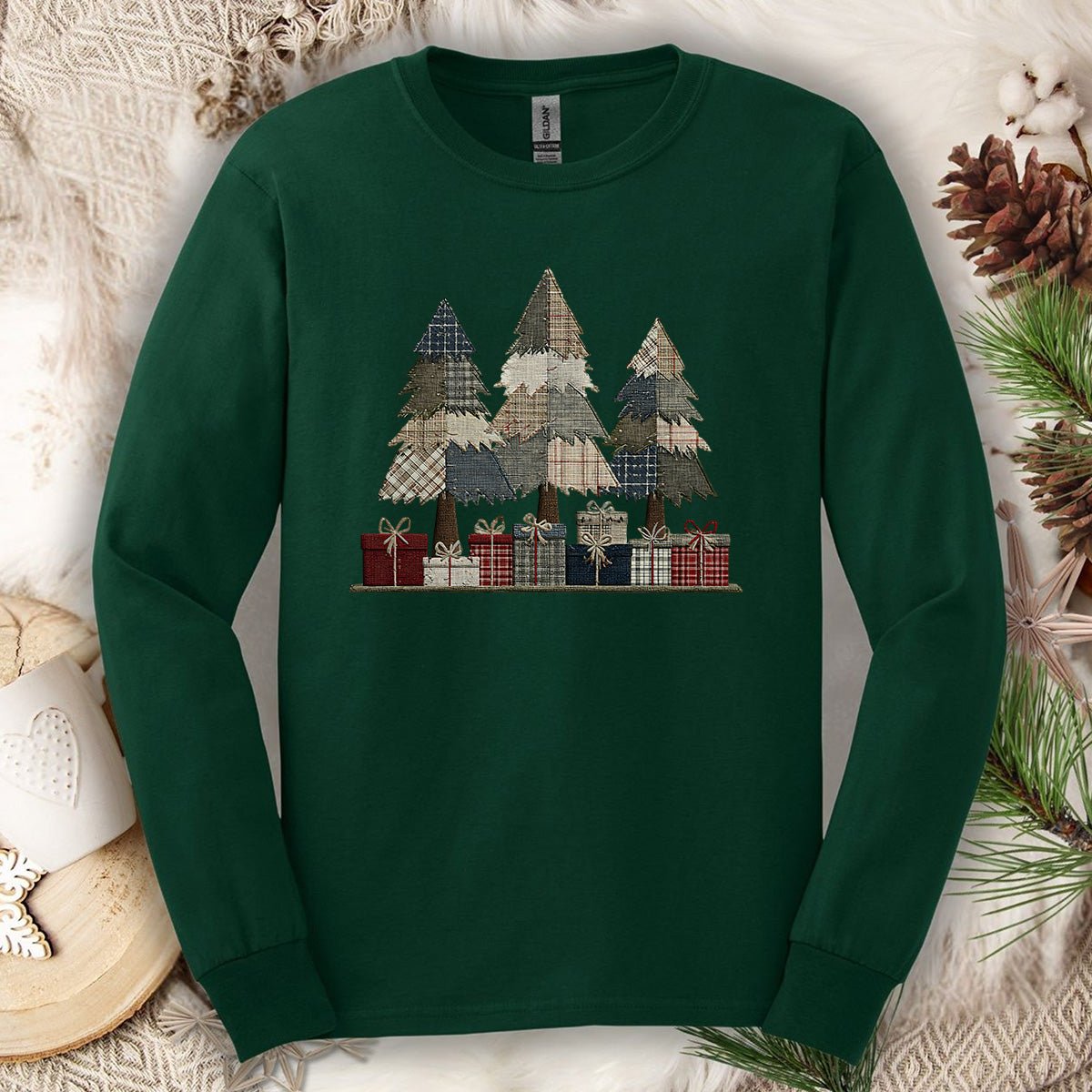 Rustic Faux Patchwork Christmas Trees Long Sleeve Tee