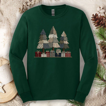 Rustic Faux Patchwork Christmas Trees Long Sleeve Tee
