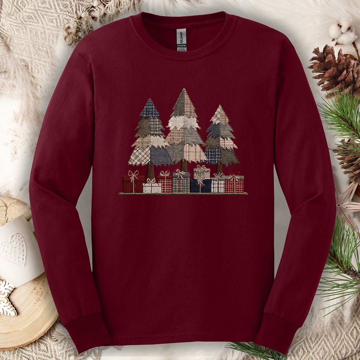 Rustic Faux Patchwork Christmas Trees Long Sleeve Tee