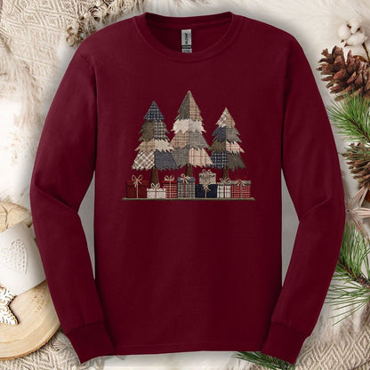 Rustic Faux Patchwork Christmas Trees Long Sleeve Tee