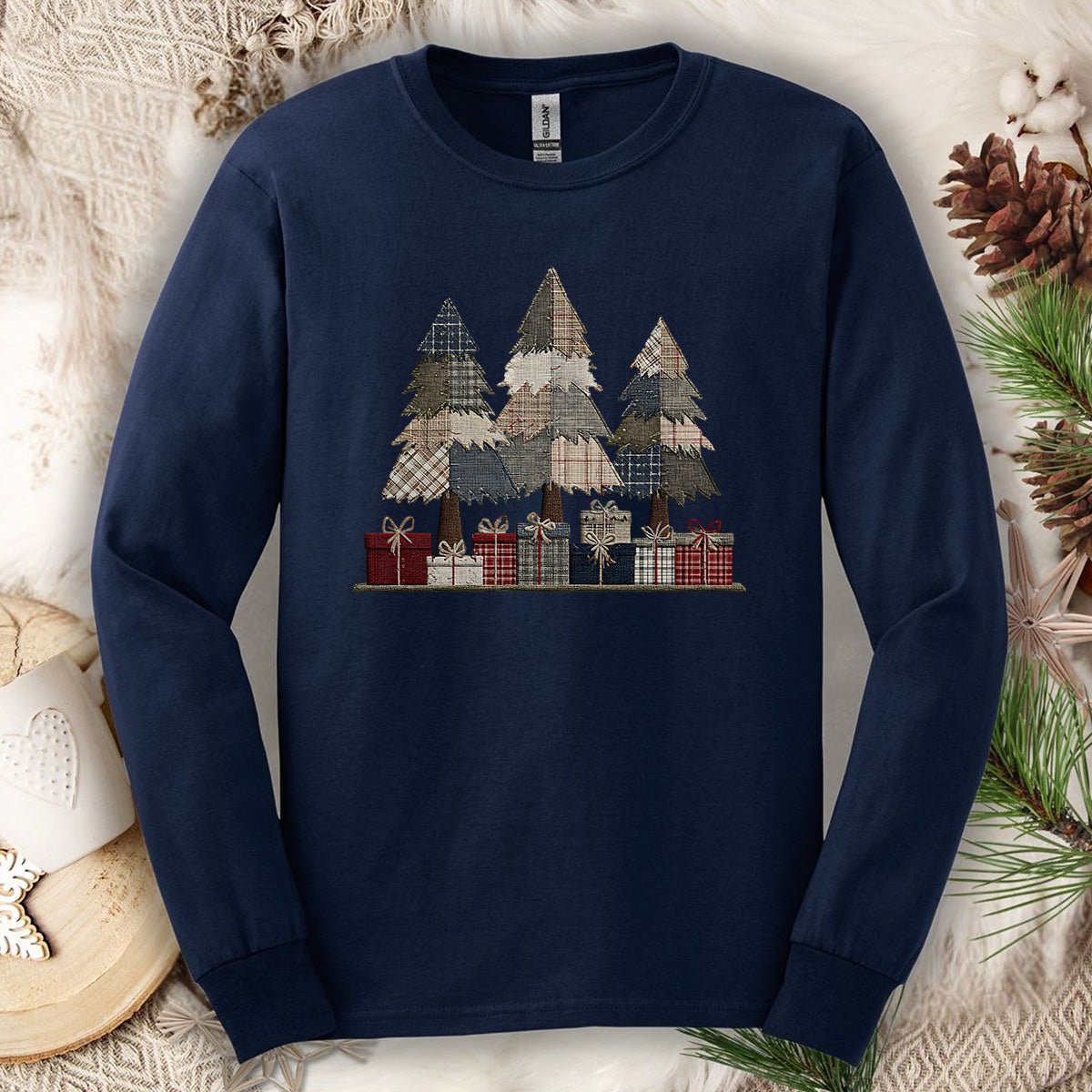 Rustic Faux Patchwork Christmas Trees Long Sleeve Tee