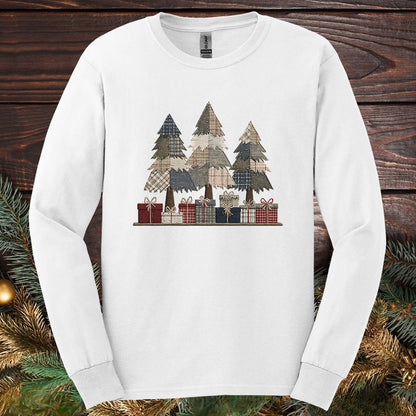 Rustic Faux Patchwork Christmas Trees Long Sleeve Tee