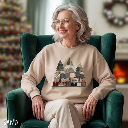 Rustic Faux Patchwork Christmas Trees Sweatshirt