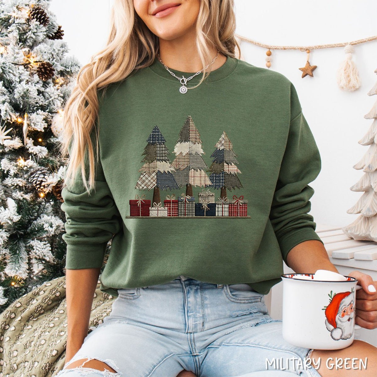 Rustic Faux Patchwork Christmas Trees Sweatshirt