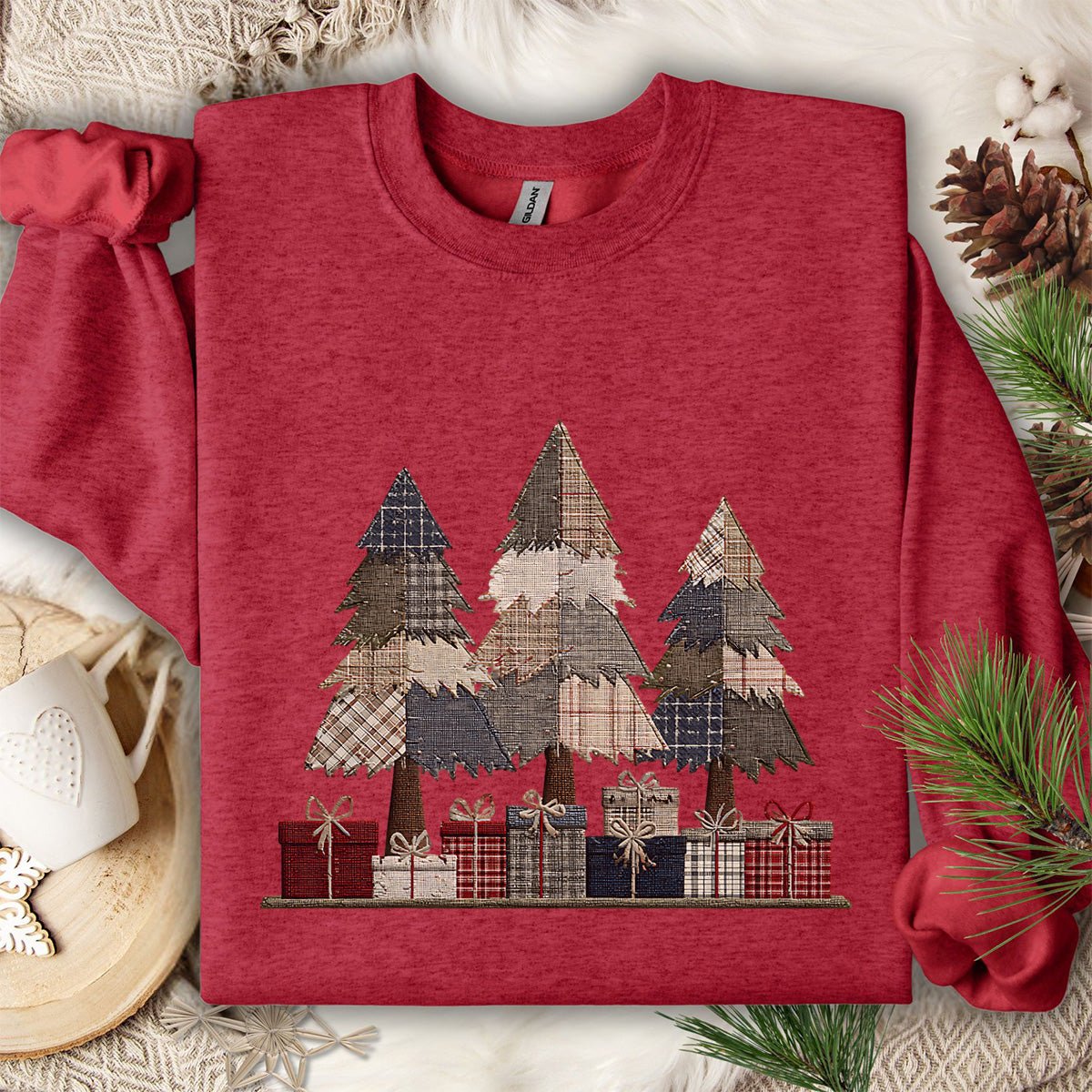 Rustic Faux Patchwork Christmas Trees Sweatshirt