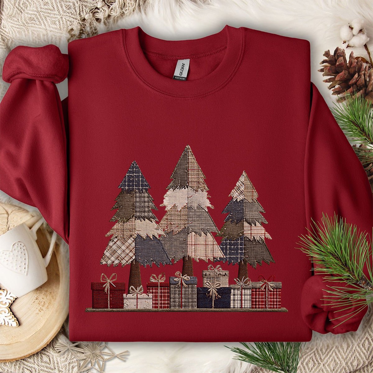 Rustic Faux Patchwork Christmas Trees Sweatshirt