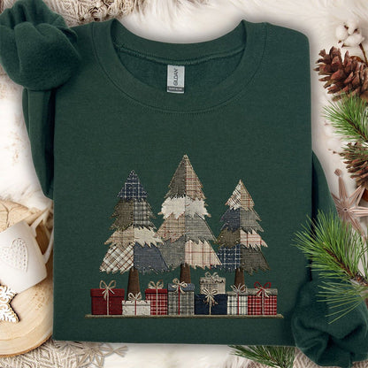 Rustic Faux Patchwork Christmas Trees Sweatshirt