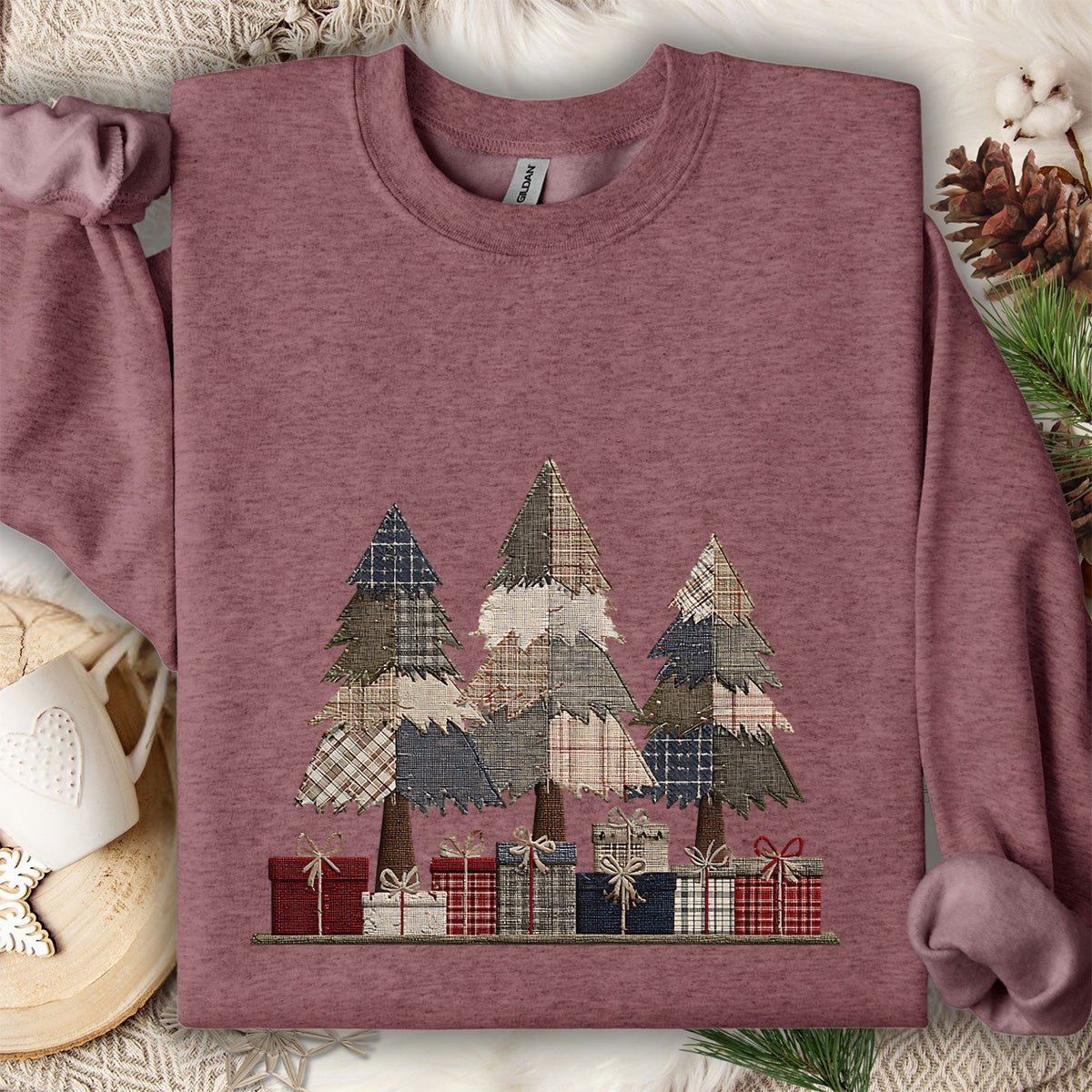 Rustic Faux Patchwork Christmas Trees Sweatshirt