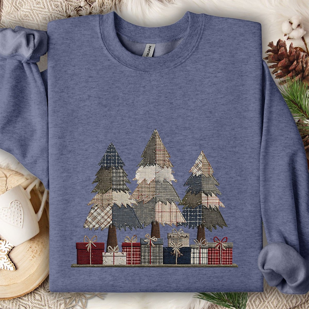 Rustic Faux Patchwork Christmas Trees Sweatshirt