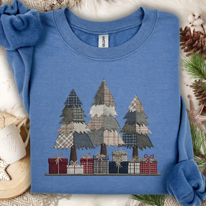 Rustic Faux Patchwork Christmas Trees Sweatshirt