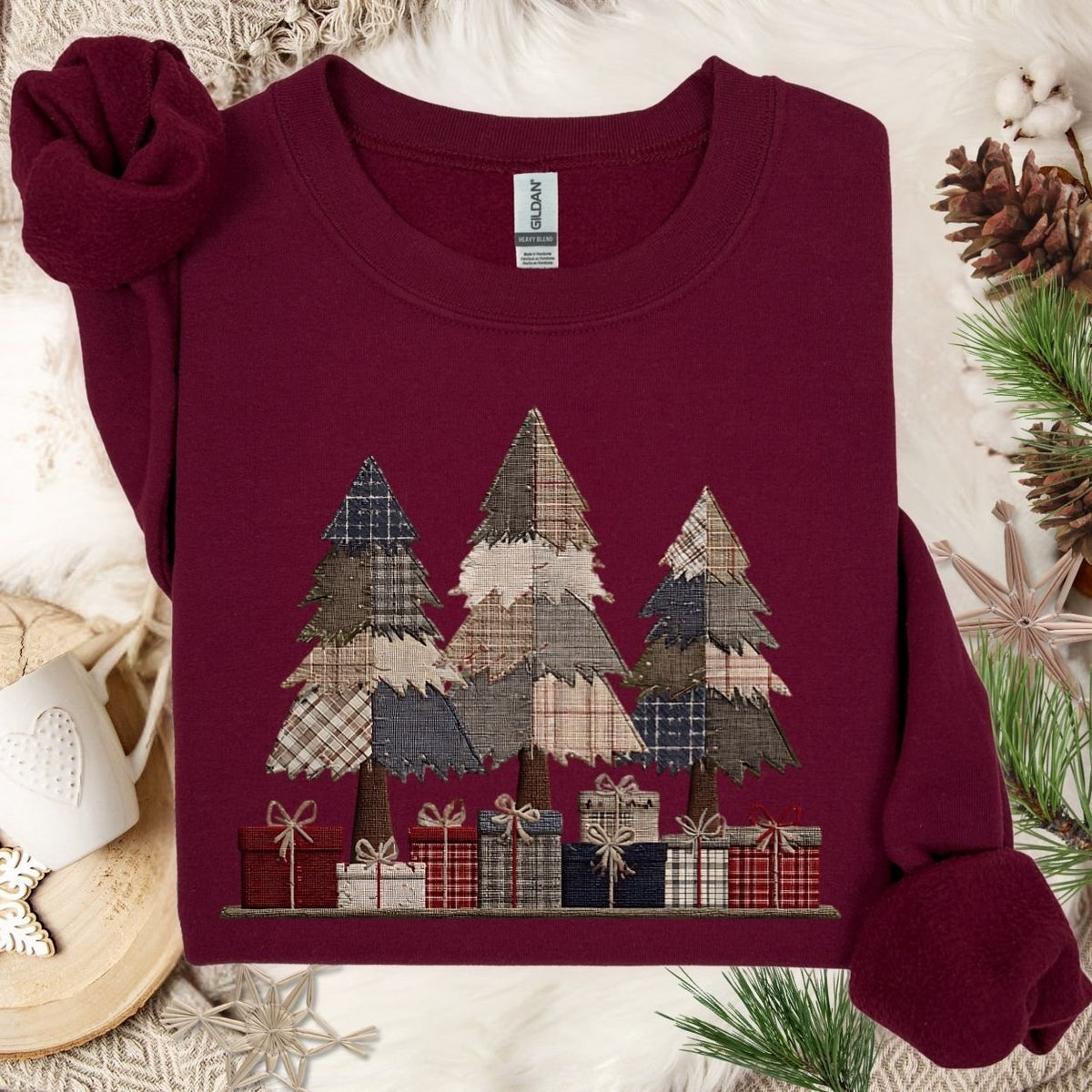 Rustic Faux Patchwork Christmas Trees Sweatshirt