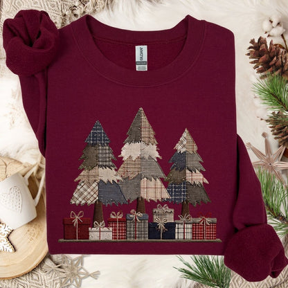 Rustic Faux Patchwork Christmas Trees Sweatshirt
