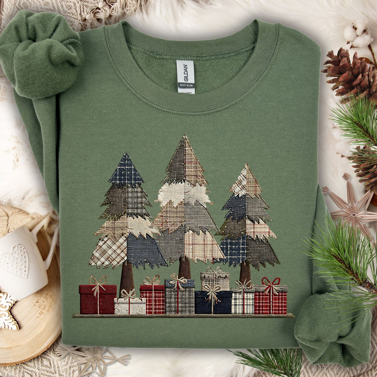 Rustic Faux Patchwork Christmas Trees Sweatshirt