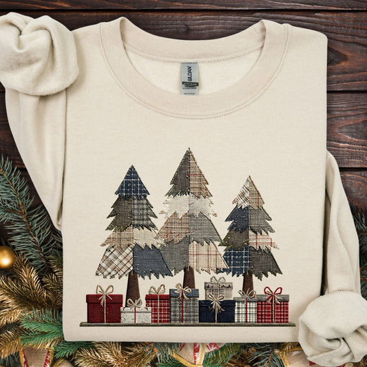 Rustic Faux Patchwork Christmas Trees Sweatshirt