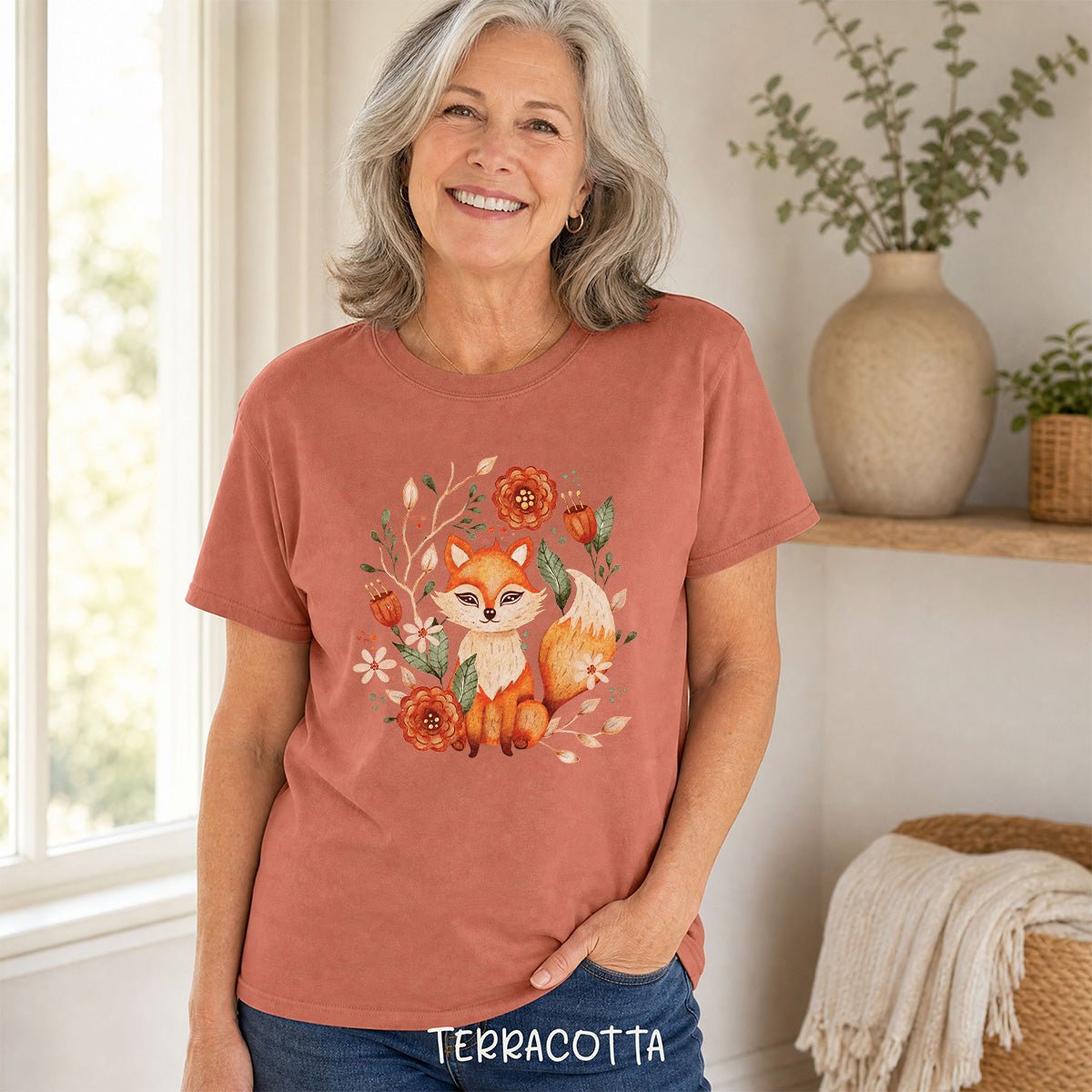 Rustic Floral Folk Art Fox T-Shirt