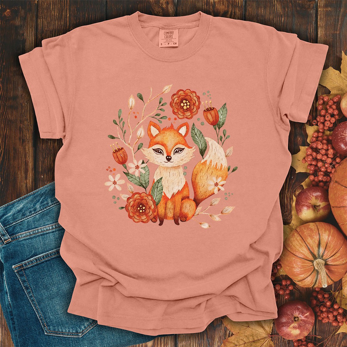 Rustic Floral Folk Art Fox T-Shirt