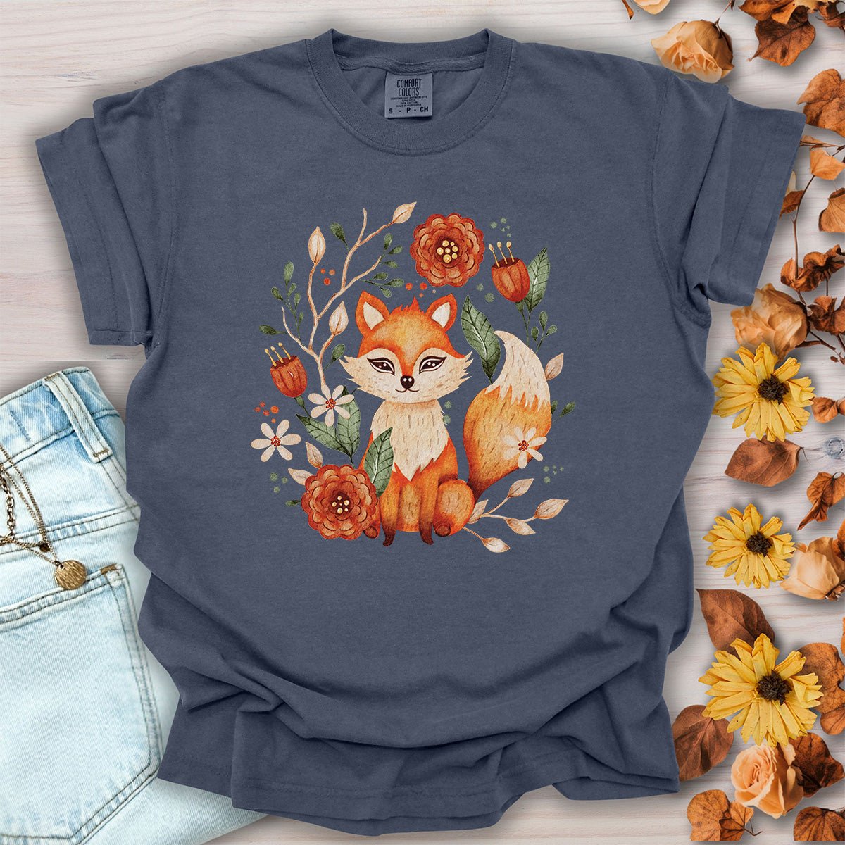Rustic Floral Folk Art Fox T-Shirt