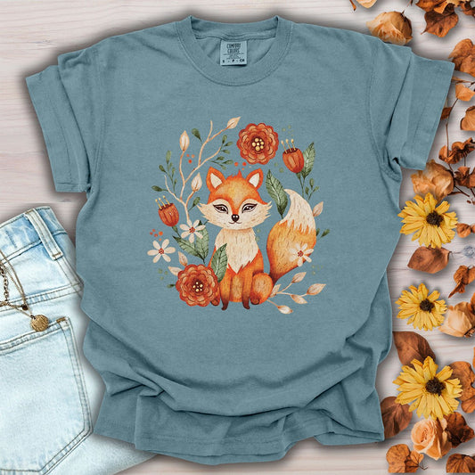 Rustic Floral Folk Art Fox T-Shirt