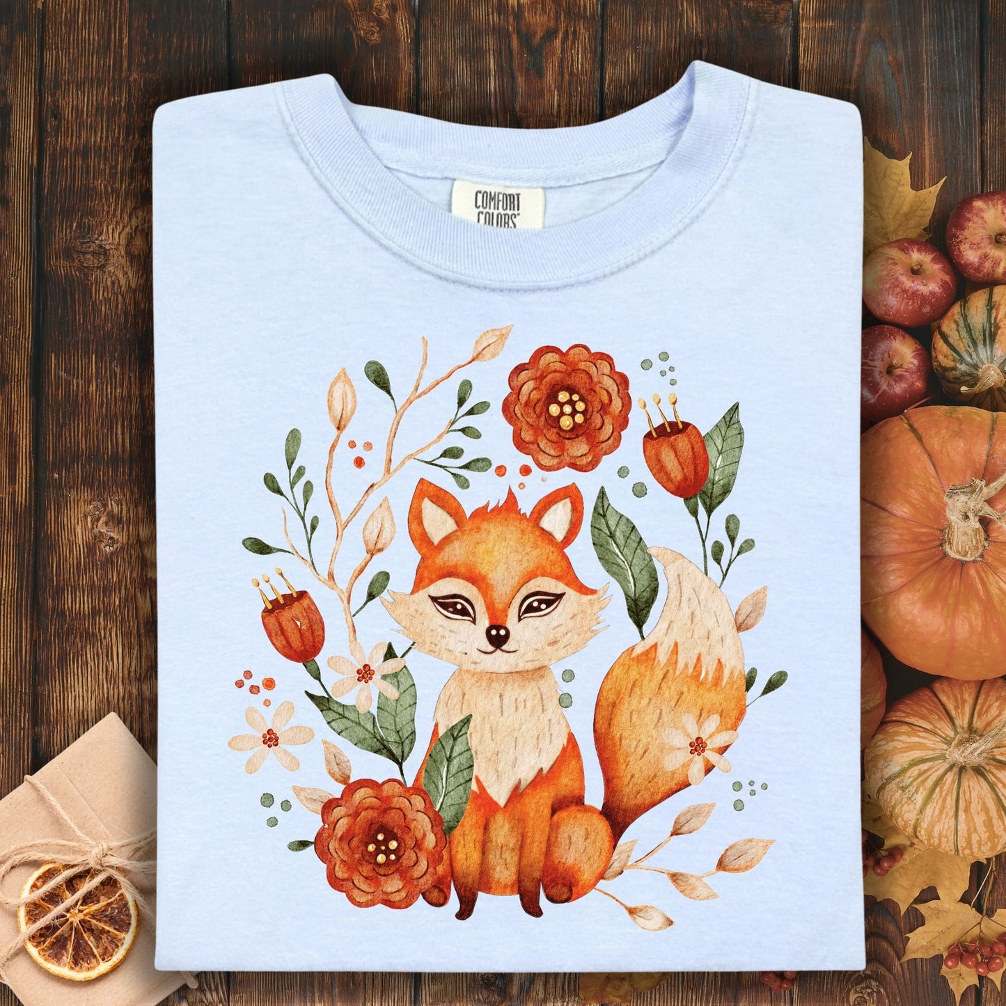 Hydrangea blue Comfort Colors tee with rustic folk art fox and autumn floral design.