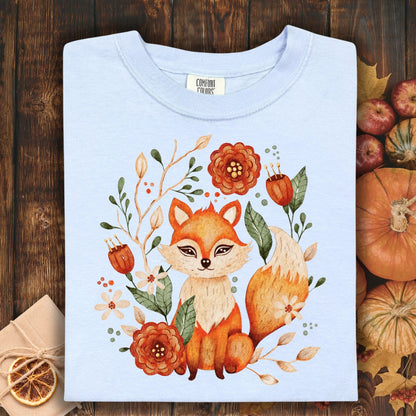 Hydrangea blue Comfort Colors tee with rustic folk art fox and autumn floral design.